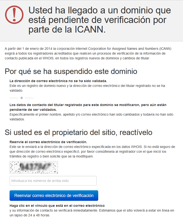 dominio suspendido por la icann